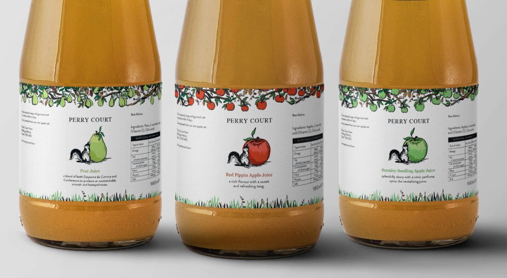 Perry Court Farm Pear juice alongside 2 different apple juice varieties, the Red Pippin and the Bramley Seedling.